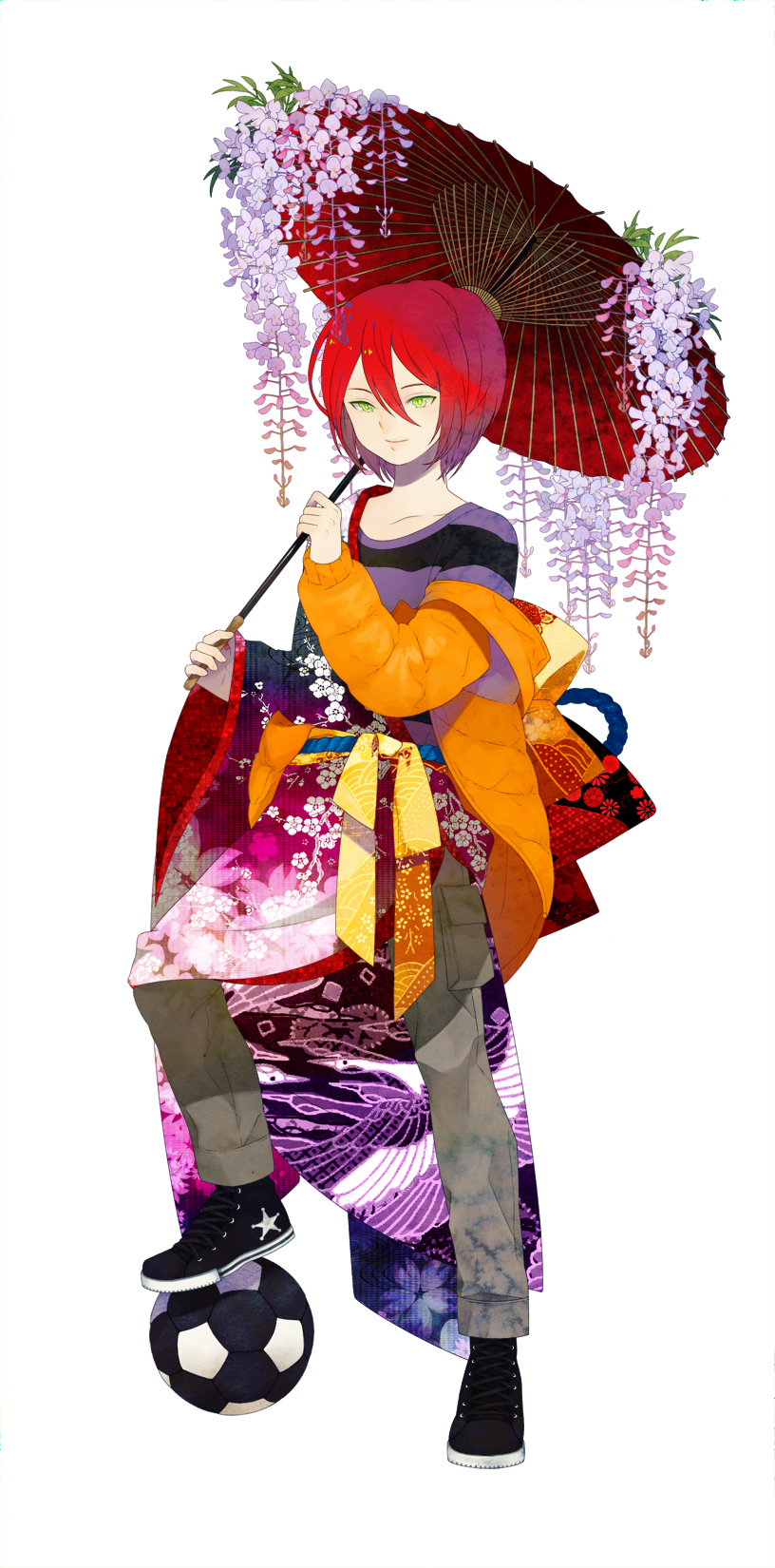 black_soccer_ball, flower, green_eyes, highres, inazuma_eleven, japanese_clothes, jeans, kimono, kiyama_hiroto, male, oriental_umbrella, red_hair, redhead, shoes, smile, sneakers, soccer_ball, telstar, tiahszld, trap, umbrella, wisteria