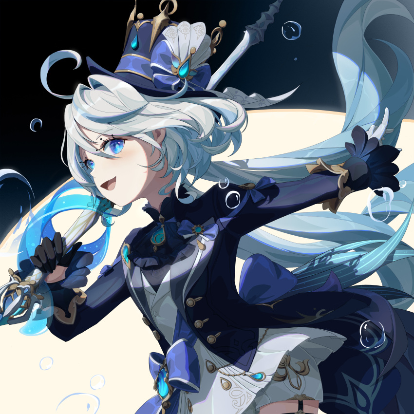 1girl, absurdres, ahoge, air_bubble, ascot, bear_minstrel, black_gloves, blue_ascot