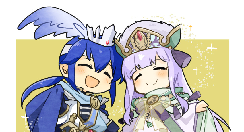 1boy, 1girl, :d, alternate_costume, blue_hair, blush, brother_and_sister, chibi, fire_emblem, fire_emblem:_genealogy_of_the_holy_war, fire_emblem_heroes, hat, headband, julia_(fire_emblem), julia_(scion)_(fire_emblem), long_hair, official_alternate_costume, open_mouth, purple_hair, seliph_(fire_emblem), seliph_(scion)_(fire_emblem), siblings, simple_background, smile, white_headband, yukia_(firstaid0)