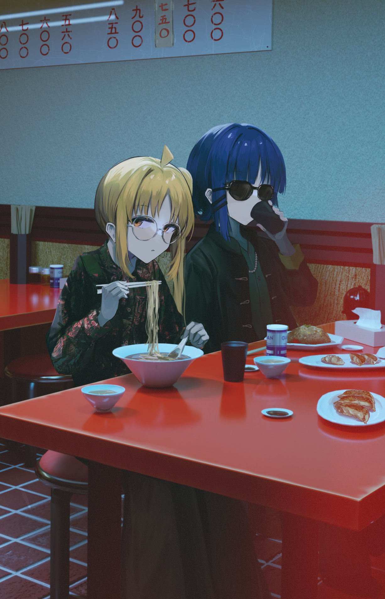 2girls, black_footwear, black_jacket, blonde_hair, blue_hair, bocchi_the_rock!, chinese_spoon, chopsticks