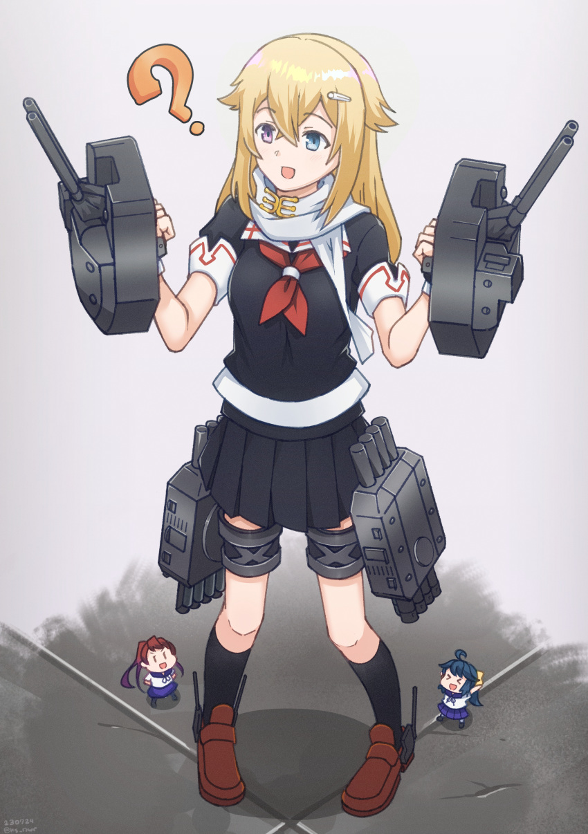 1girl, absurdres, blonde_hair, cannon, confused, cosplay, fairy_(kancolle), hair_flaps