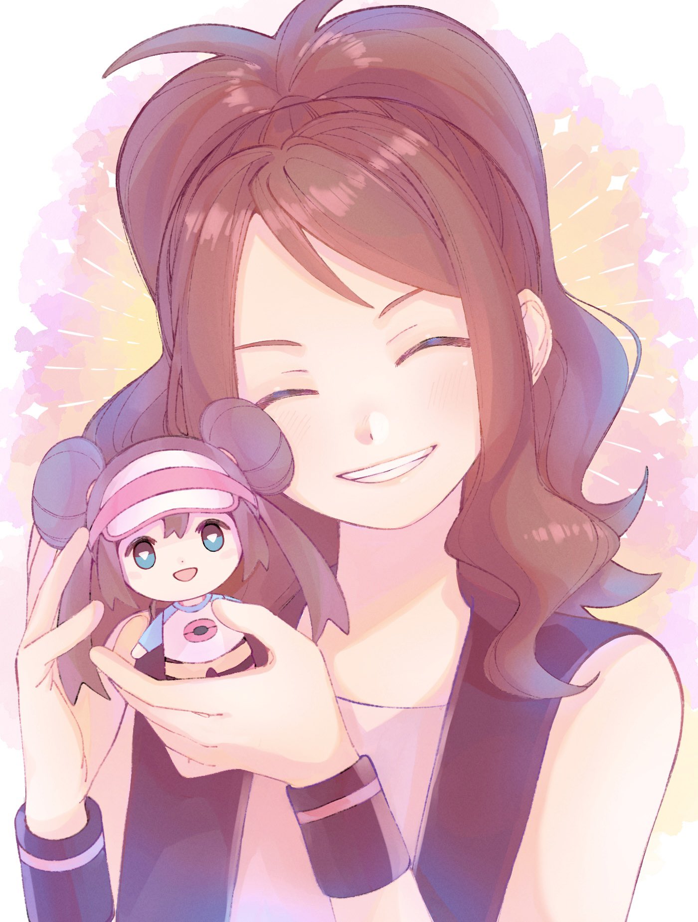 1girl, black_vest, brown_hair, character_doll, closed_eyes, commentary_request, doll, facing_viewer