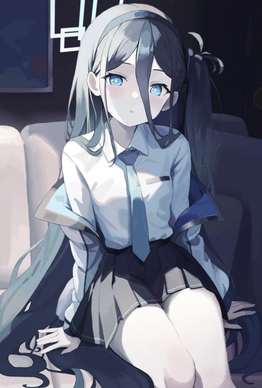 1girl, :o, aris_(blue_archive), black_hair, black_hairband, black_skirt, blue_archive, blue_eyes