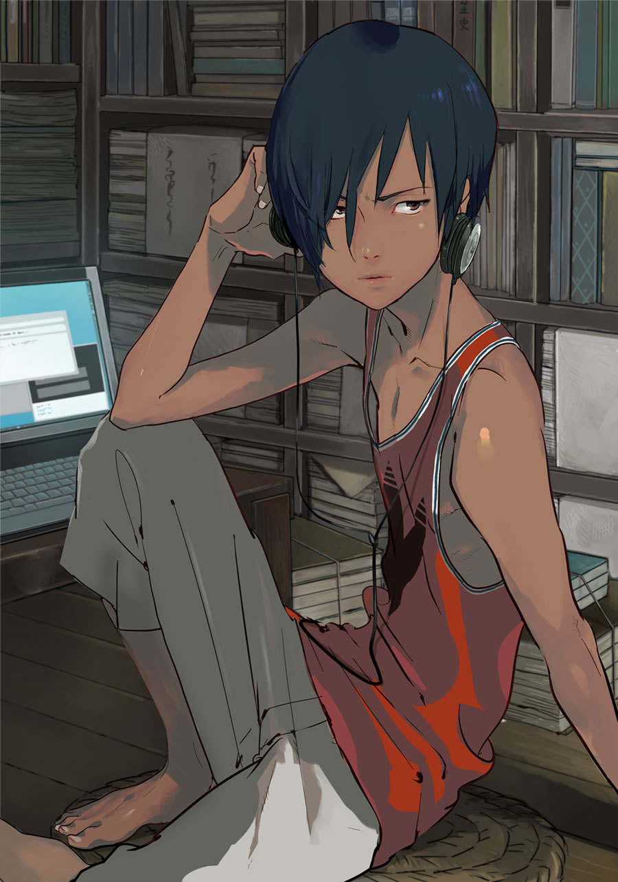 androgynous, arm_support, barefoot, black_hair, book, bookshelf, brown_eyes, computer
