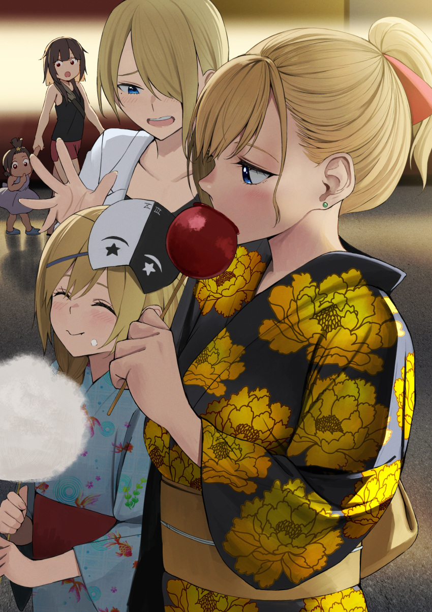 5girls, ^_^, alternate_costume, black_hair, black_kimono, blonde_hair, blue_eyes, blue_kimono