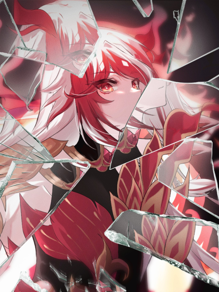 fu_hua, fu_hua_(garuda), hair_between_eyes, highres, honkai_(series), honkai_impact_3rd, long_hair, mirror, orange_eyes, redhead, tttokhonkai, white_hair