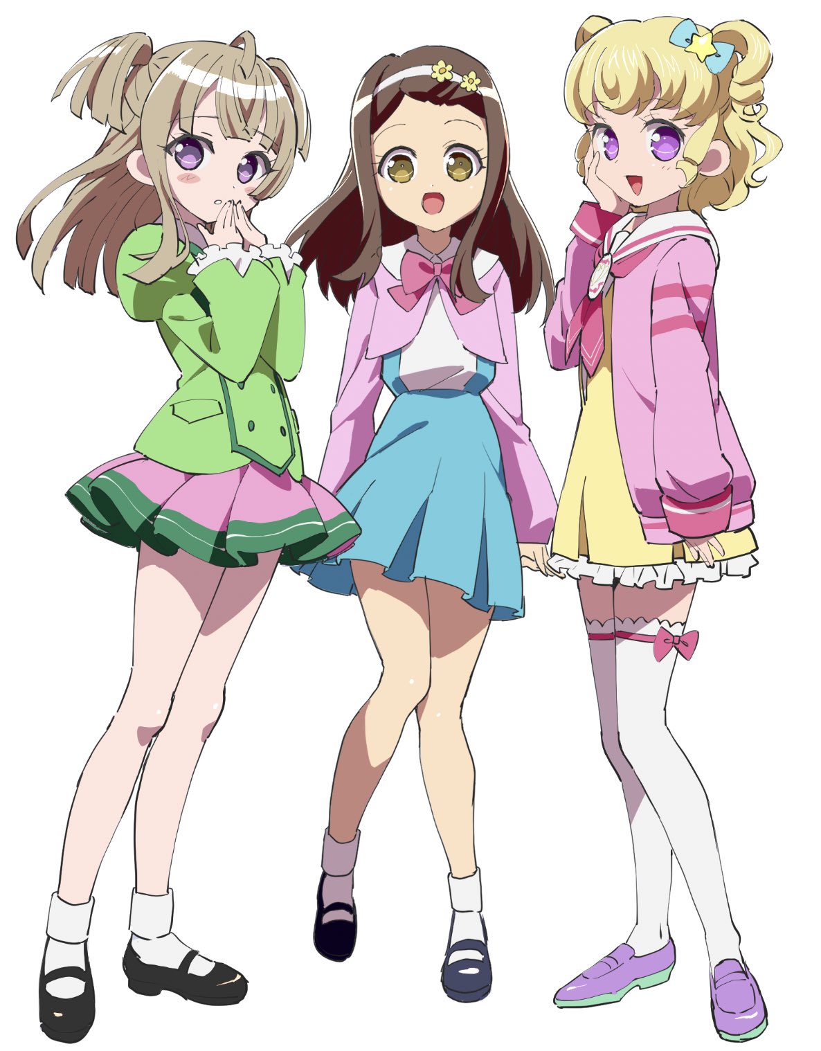 3girls, :d, ahoge, black_footwear, blonde_hair, blue_skirt, blunt_bangs, blunt_ends, bow, brown_eyes, brown_hair, cardigan, collared_shirt, commentary_request, cosplay, costume_switch, dress, edamame_(buruburu), ehime_nao, full_body, green_jacket, hair_bow, hair_ornament, hand_to_own_mouth, hands_up, highres, idol_time_pripara, jacket, juliet_sleeves, loafers, long_hair, long_sleeves, looking_at_viewer, mary_janes, multiple_girls, neckerchief, open_mouth, paprika_private_academy_school_uniform, pink_bow, pink_cardigan, pink_jacket, pink_neckerchief, pink_skirt, pleated_skirt, pretty_(series), pripara, puffy_sleeves, purple_footwear, ringlets, sailor_collar, school_uniform, shirt, shoes, short_dress, short_hair, skirt, smile, socks, standing, star_(symbol), star_hair_ornament, suspender_skirt, suspenders, thigh-highs, tsukikawa_chili, two_side_up, violet_eyes, white_background, white_sailor_collar, white_shirt, white_socks, white_thighhighs, yellow_dress, yumekawa_yui