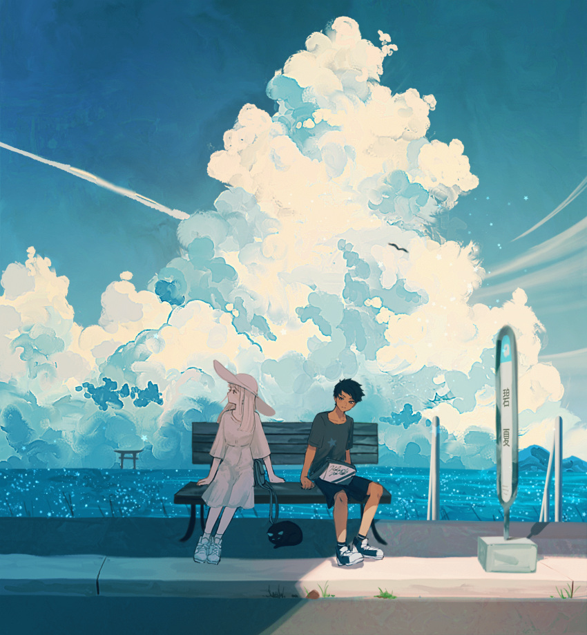 1boy, 1girl, animated, animated_gif, bag, bench, bird, black_hair, black_shirt, black_shorts, blonde_hair, blue_footwear, blue_sky, clouds, day, dress, hat, highres, horizon, ivelovedsekaowa, long_hair, looking_afar, looking_at_another, looping_animation, ocean, on_bench, original, outdoors, road, scenery, shade, shirt, shoes, short_hair, short_sleeves, shorts, sitting, sky, sneakers, street, summer, sun_hat, torii, water, white_dress, white_footwear, white_headwear, wide_shot