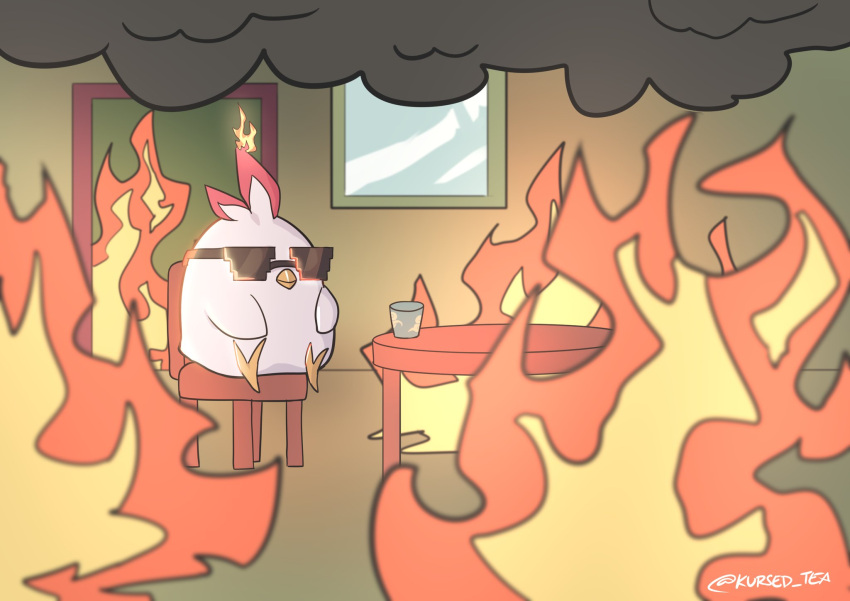bird, chair, chicken, cup, english_commentary, fire, highres, honkai_(series)