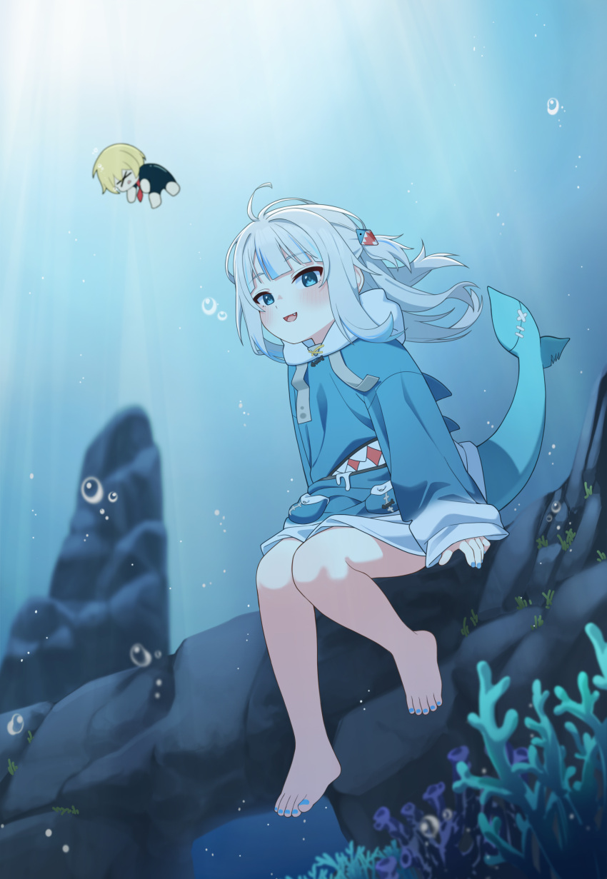 2girls, :d, absurdres, ahoge, air_bubble, animal_costume, bare_legs, barefoot