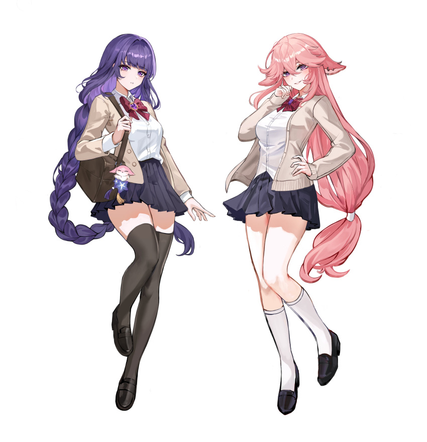 2girls, absurdres, alternate_costume, animal_ears, black_footwear, black_skirt, black_thighhighs, bow