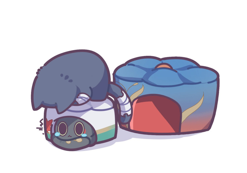 2boys, bandaged_tail, blade_(honkai:_star_rail), cake, cat, chinese_commentary, crying, dan_heng_(honkai:_star_rail), elis10086, food, honkai:_star_rail, honkai_(series), leaf, looking_at_another, maple_leaf, multiple_boys, simple_background, tears, white_background