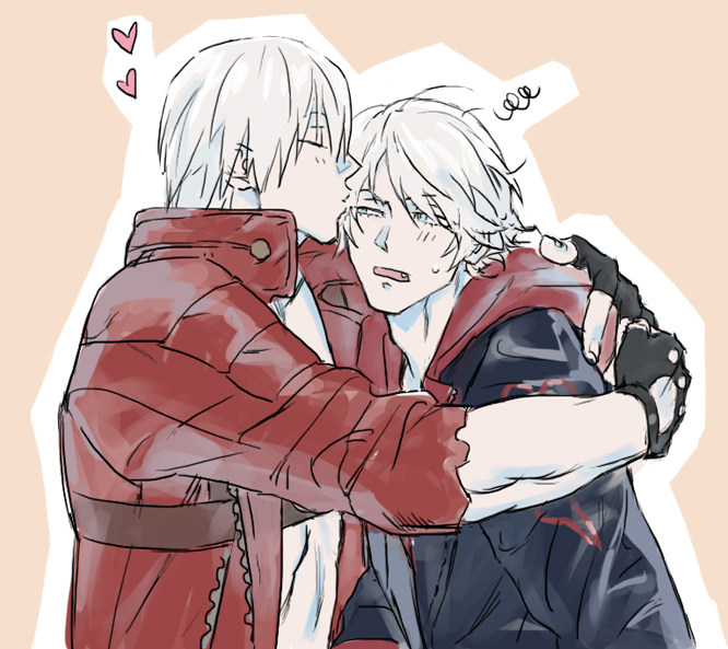 1boy, 2boys, aged_down, annoyed, blue_coat, blue_eyes, coat, dante_(devil_may_cry)
