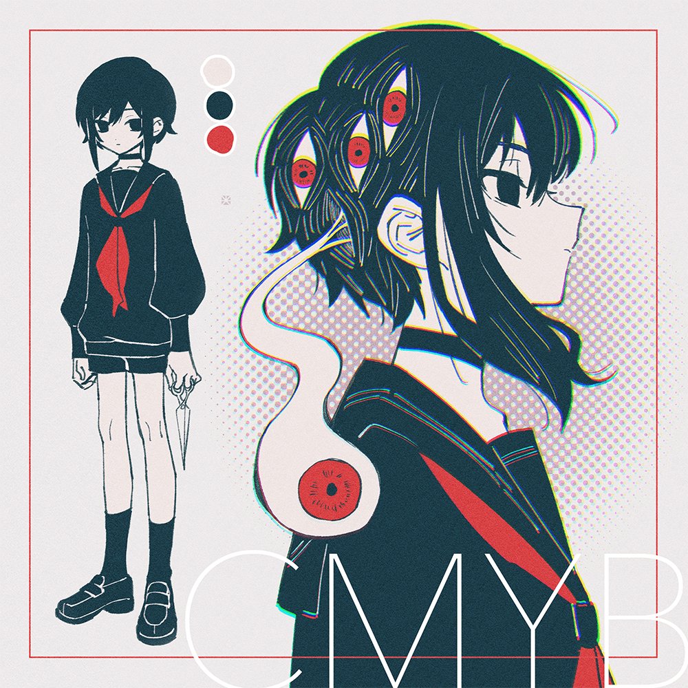 1boy, androgynous, artist_name, black_eyes, black_hair, black_shorts, black_socks, choker, chromatic_aberration, color_guide, commentary, expressionless, extra_eyes, halftone, halftone_background, holding, holding_scissors, limited_palette, loafers, long_sleeves, male_focus, original, puffy_long_sleeves, puffy_sleeves, sailor_collar, sailor_shirt, scissors, shirt, shoes, short_shorts, shorts, socks, toastytoast