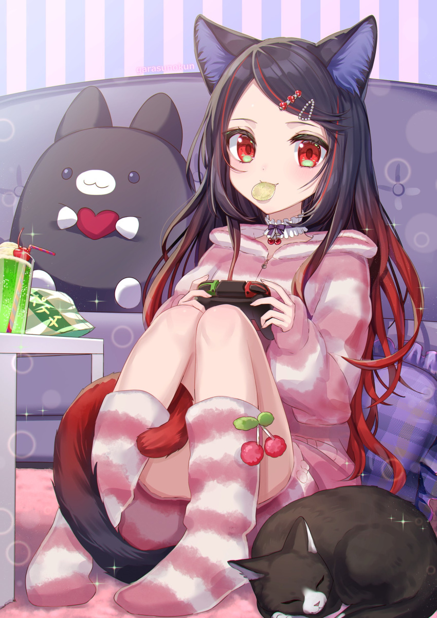 1girl, absurdres, animal_ear_fluff, animal_ears, bag_of_chips, black_hair, cat, cat_ears