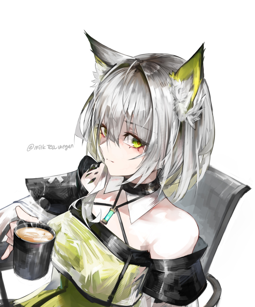1girl, absurdres, animal_ears, arknights, bare_shoulders, cat_ears, coffee, cup, green_eyes, grey_hair, highres, holding, holding_cup, kal'tsit_(arknights), lab_coat, looking_at_viewer, milktea_wegan, simple_background, solo, white_background