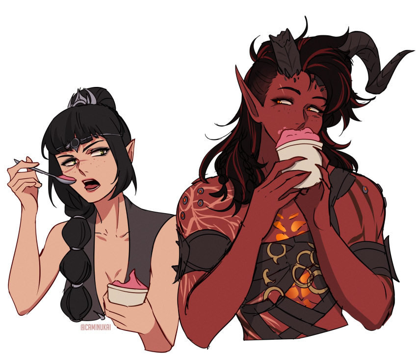 2girls, baldur's_gate, baldur's_gate_3, bare_shoulders, black_hair, black_horns, braid, braided_ponytail