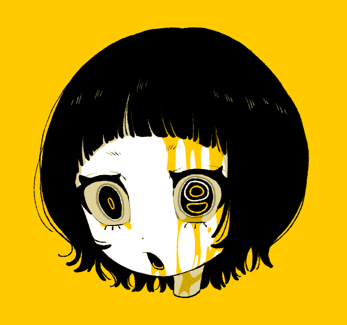 1girl, black_hair, bleeding_from_forehead, blood, blood_on_face, blunt_bangs, close-up, colored_skin