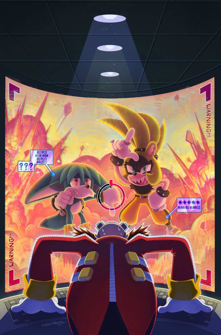 1girl, 2boys, ?, ??, animal_ears, dr._eggman, ear_piercing, explosion
