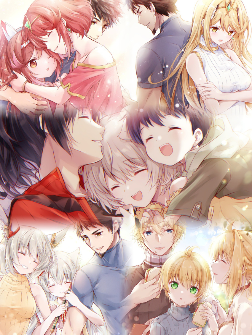 absurdres, animal_ears, back-to-back, blonde_hair, blue_shirt, brown_eyes, brown_hair, cat_ears