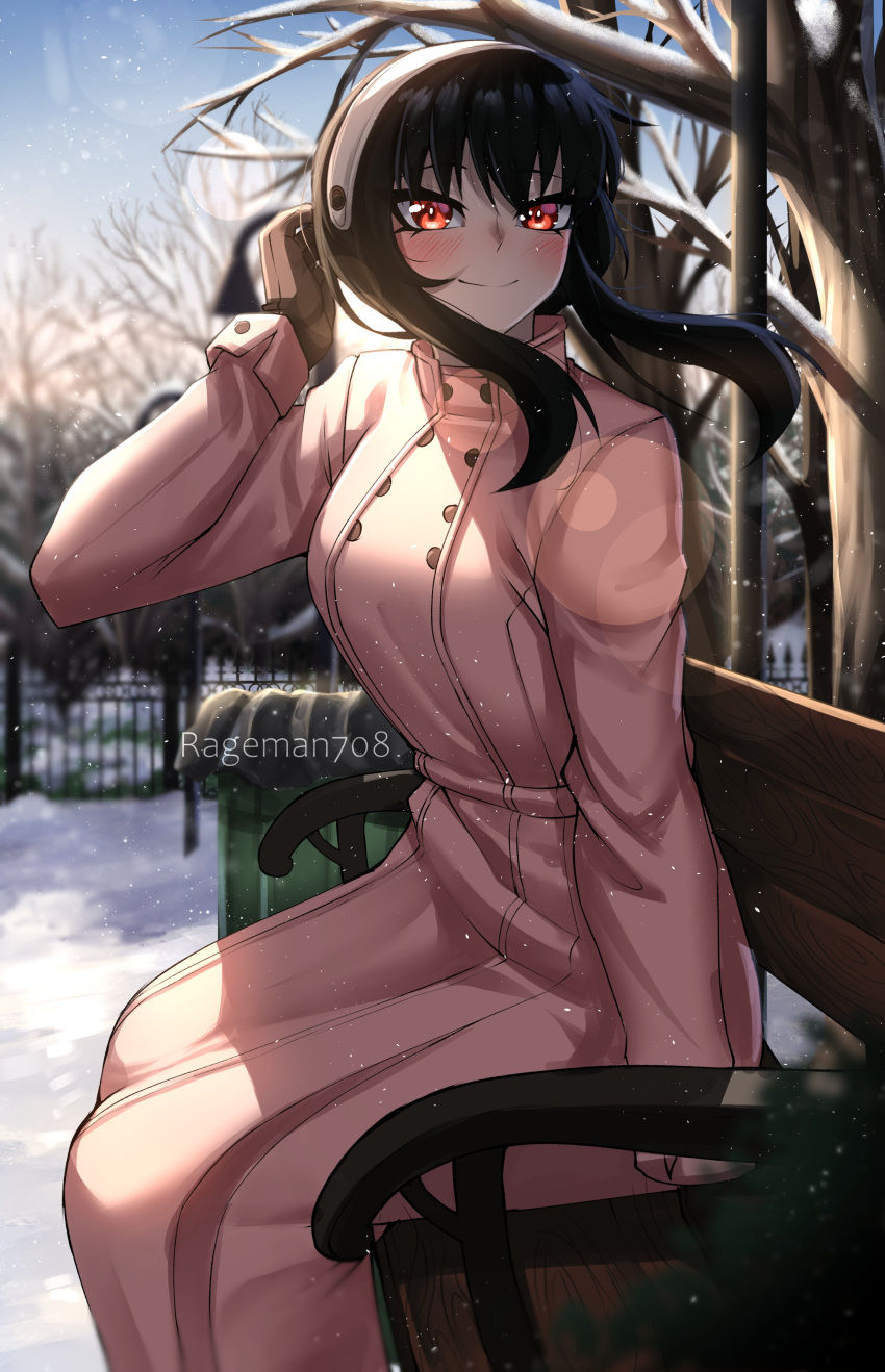 1girl, absurdres, bare_tree, bench, black_hair, blue_sky, blush, commentary, dress, hairband, highres, long_hair, long_sleeves, looking_at_viewer, outdoors, pink_dress, rageman709, red_eyes, sitting, sky, smile, snow, solo, spy_x_family, tree, white_hairband, yor_briar