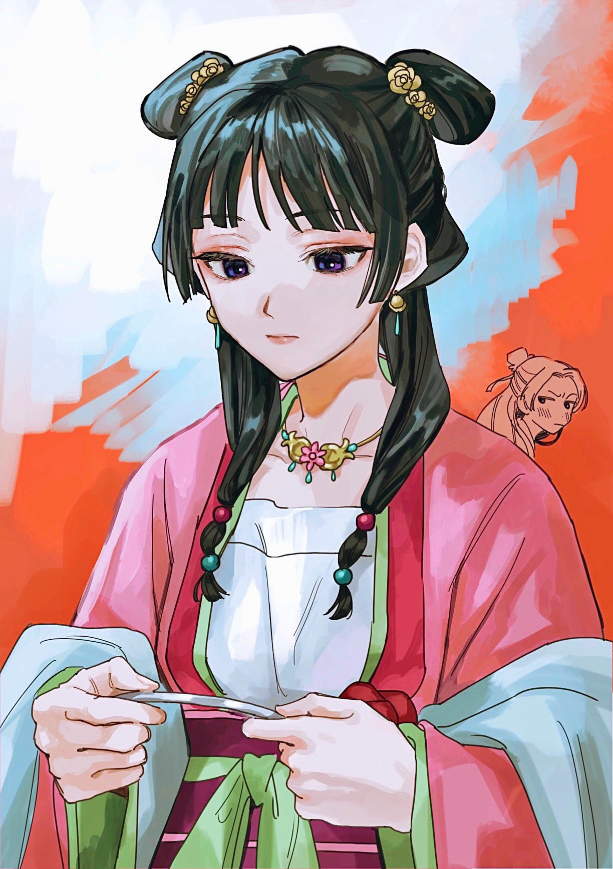 1boy, 1girl, blunt_bangs, chinese_clothes, commentary_request, doodle_inset, double_bun, earrings