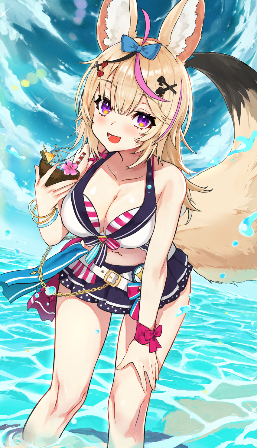 1girl, absurdres, animal_ears, belt, bikini, bikini_skirt, breasts, fox_ears, front-tie_bikini_top, front-tie_top, highres, hololive, hololive_summer_2023_swimsuit, layered_bikini, minus_zero, multicolored_hair, navel, ocean, omaru_polka, streaked_hair, striped, striped_bikini, swimsuit, thighs, two-tone_bikini, virtual_youtuber, white_belt