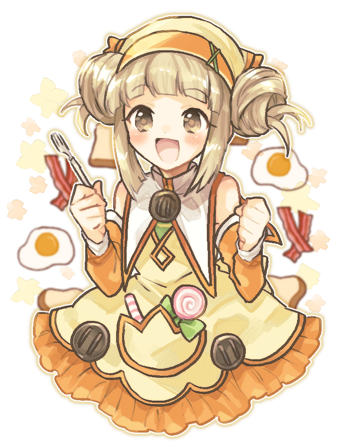 1girl, :d, bacon, blonde_hair, blunt_bangs, brown_eyes, candy, chocolat_(rune_factory), clenched_hands, commentary_request, cropped_legs, detached_sleeves, double_bun, dress, food, fork, fried_egg, hair_bun, hands_up, headdress, holding, holding_fork, lollipop, looking_at_viewer, mikan_tabetai, open_mouth, pocket, rune_factory, rune_factory_3, smile, solo, swirl_lollipop, toast, white_background, yellow_dress