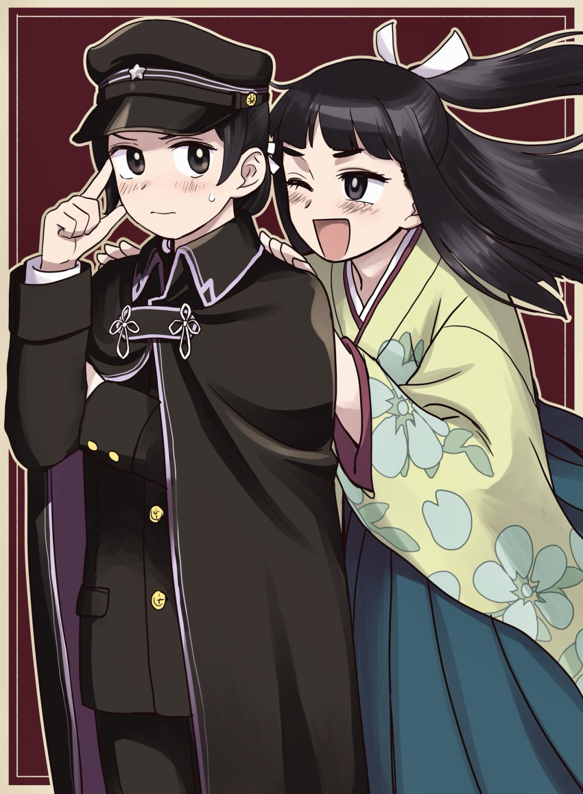 2girls, ;d, ace_attorney, black_cape, black_eyes, black_hair, black_headwear, black_jacket