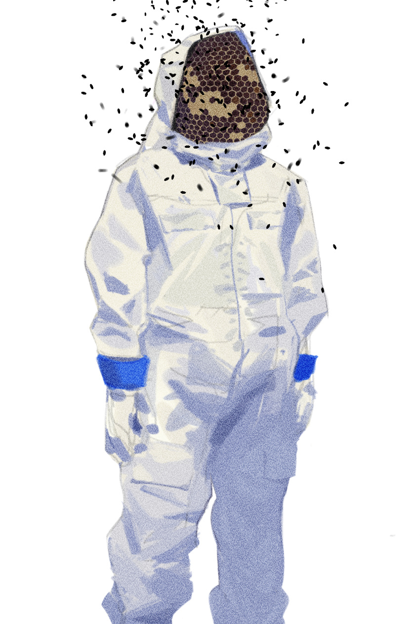 1other, ambiguous_gender, bee, beehive, beekeeping_suit, bug, commentary, deadfishspy