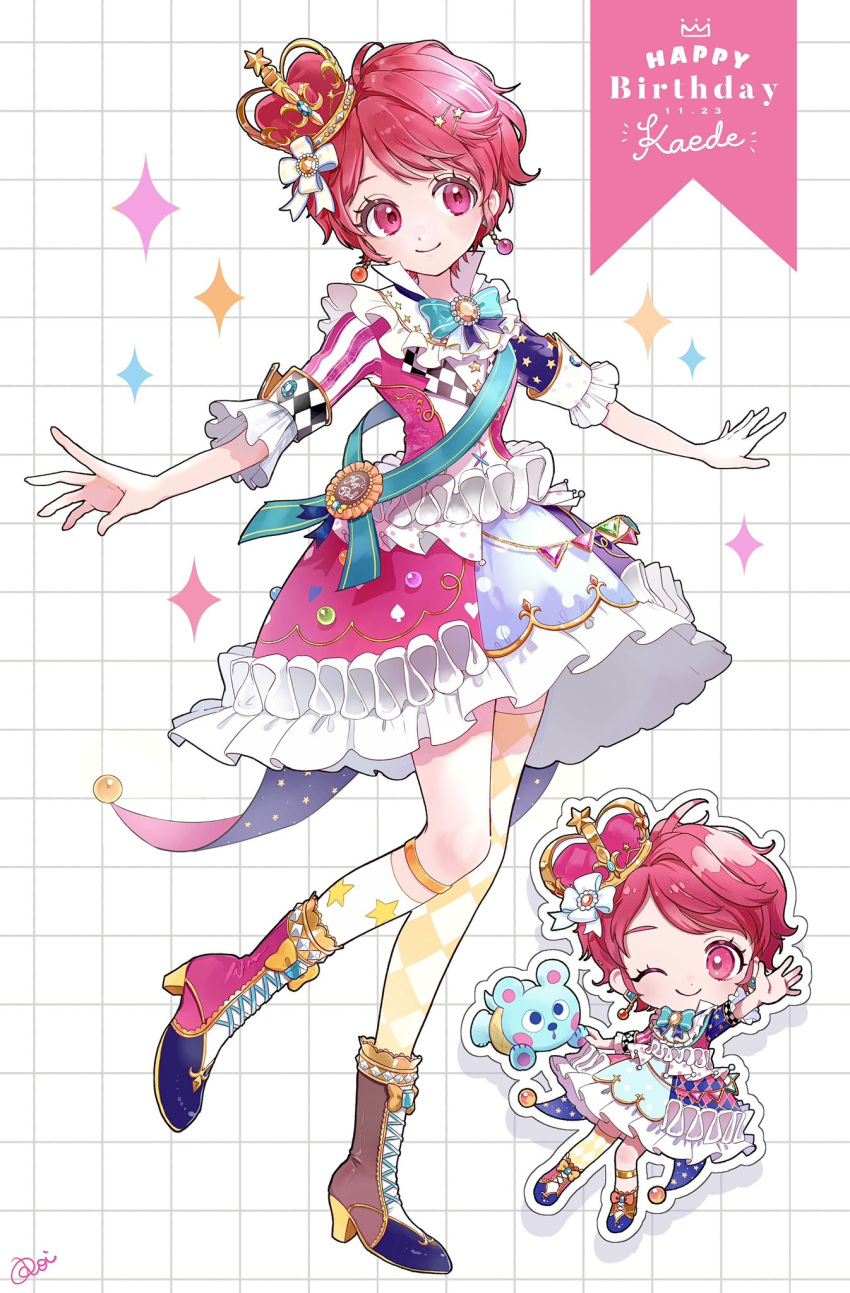 1girl, ;), aikatsu!, aikatsu!_(series), aqua_bow, argyle, argyle_background, artist_name