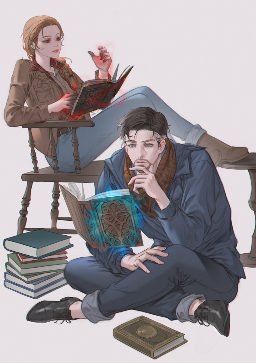 1boy, 1girl, bandana, belt, black_footwear, black_hair, blue_eyes, blue_jacket