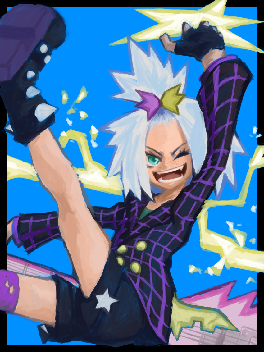 1girl, black_border, black_shorts, blue_background, boots, border, electricity, fingerless_gloves