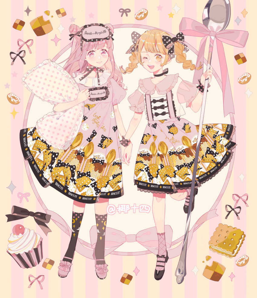 2girls, ankle_socks, argyle, argyle_socks, black_bow, black_choker, black_footwear, black_ribbon, black_socks, black_wrist_cuffs, blonde_hair, bow, bow_button, bow_print, braid, center_frills, cherry, chinese_commentary, choker, circle, closed_mouth, cloud_print, collar, collared_shirt, commentary_request, cookie, cookie_print, crescent_print, crumbs, cupcake, double_bun, dress, food, footwear_bow, frilled_dress, frilled_footwear, frilled_shirt_collar, frilled_sleeves, frilled_wrist_cuffs, frills, fruit, full_body, hair_bow, hair_bun, high-waist_skirt, high_heels, highres, holding, holding_hands, holding_pillow, holding_spoon, kneehighs, lace-trimmed_legwear, lace-trimmed_skirt, lace_trim, leg_up, lolita_fashion, long_hair, looking_at_viewer, mary_janes, mask, mask_on_head, medium_dress, medium_skirt, multiple_girls, neck_ribbon, one_eye_closed, open_mouth, original, oversized_object, pillow, pink_background, pink_bow, pink_collar, pink_dress, pink_eyes, pink_footwear, pink_hair, pink_mask, pink_ribbon, pink_skirt, pink_sleeves, pink_socks, polka_dot, polka_dot_bow, polka_dot_ribbon, polka_dot_socks, polka_dot_wrist_cuffs, puffy_short_sleeves, puffy_sleeves, ribbon, ribbon_choker, shirt, shoes, short_sleeves, skirt, sleep_mask, smile, socks, sparkle, spoon, star_(sky), star_(symbol), starry_sky_print, striped, striped_background, suspenders, teeth, twin_braids, twintails, twitter_username, two-tone_background, upper_teeth_only, white_shirt, yellow_background, yellow_eyes, yeshisi