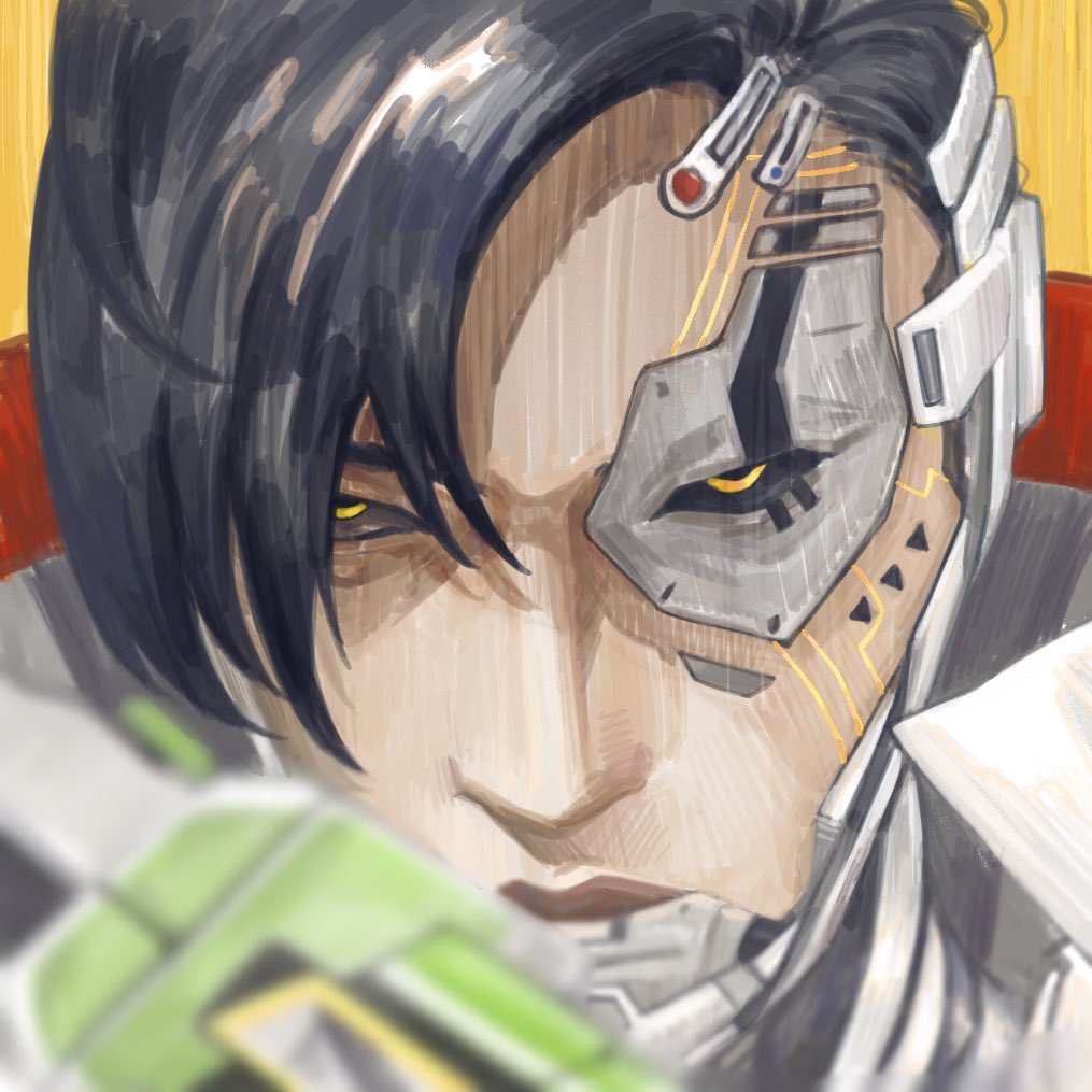 1boy, biwon_blade, black_hair, black_sclera, close-up, colored_sclera, crypto_(apex_legends), cyborg, frown, grey_jacket, jacket, looking_at_viewer, male_focus, metcha_(amonka3), official_alternate_costume, orange_eyes, portrait, science_fiction, solo, sword, weapon, whitelisted_crypto