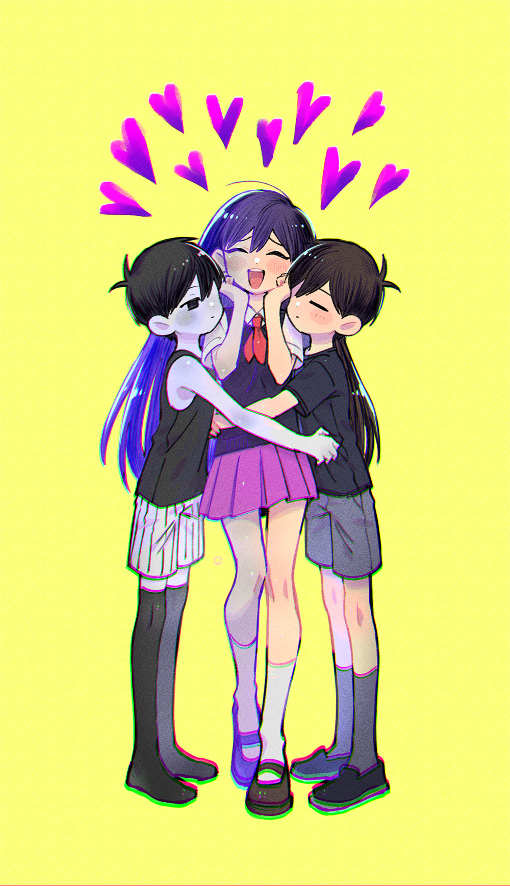 1girl, 2boys, ^_^, black_footwear, black_hair, black_shirt, black_socks, black_tank_top