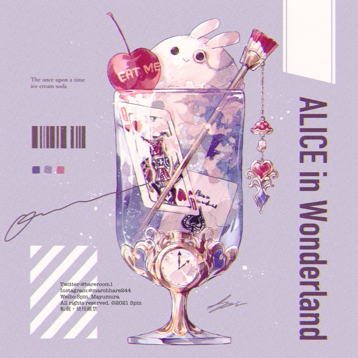 :>, alice_in_wonderland, animal_focus, black_eyes, card, chain, cherry, closed_mouth, color_guide, commentary_request, copyright_name, cup, english_text, food, food_focus, fruit, glass, highres, ice_cream, ice_cream_float, in_container, in_cup, instagram_username, looking_at_viewer, monocle, no_humans, original, paintbrush, playing_card, pocket_watch, purple_background, rabbit, round_eyewear, signature, smile, solid_circle_eyes, spin_mayumura, twitter_username, watch, weibo_username, white_rabbit_(alice_in_wonderland), white_rabbit_(animal), yellow-framed_eyewear