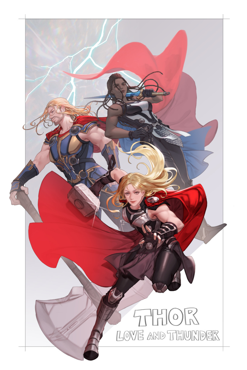 1boy, 2girls, arm_armor, arm_up, armor, armored_boots, arms_up, beard