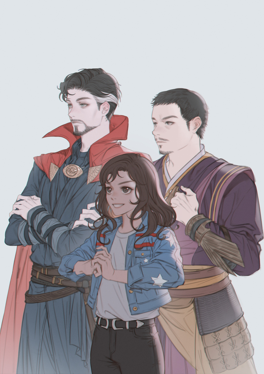 1girl, 2boys, america_chavez, belt, black_belt, black_hair, black_pants, blue_eyes