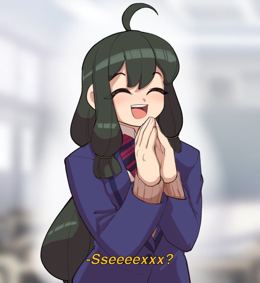 1girl, ^_^, ahoge, blazer, blue_jacket, blurry, blurry_background, closed_eyes