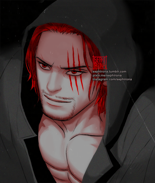 1boy, abs, artist_name, closed_mouth, commentary, english_commentary, facial_hair, figarland_shamrock, hood, hood_up, one_piece, red_eyes, redhead, scar, scar_across_eye, scar_on_face, sephirona, short_hair, smile, solo, web_address