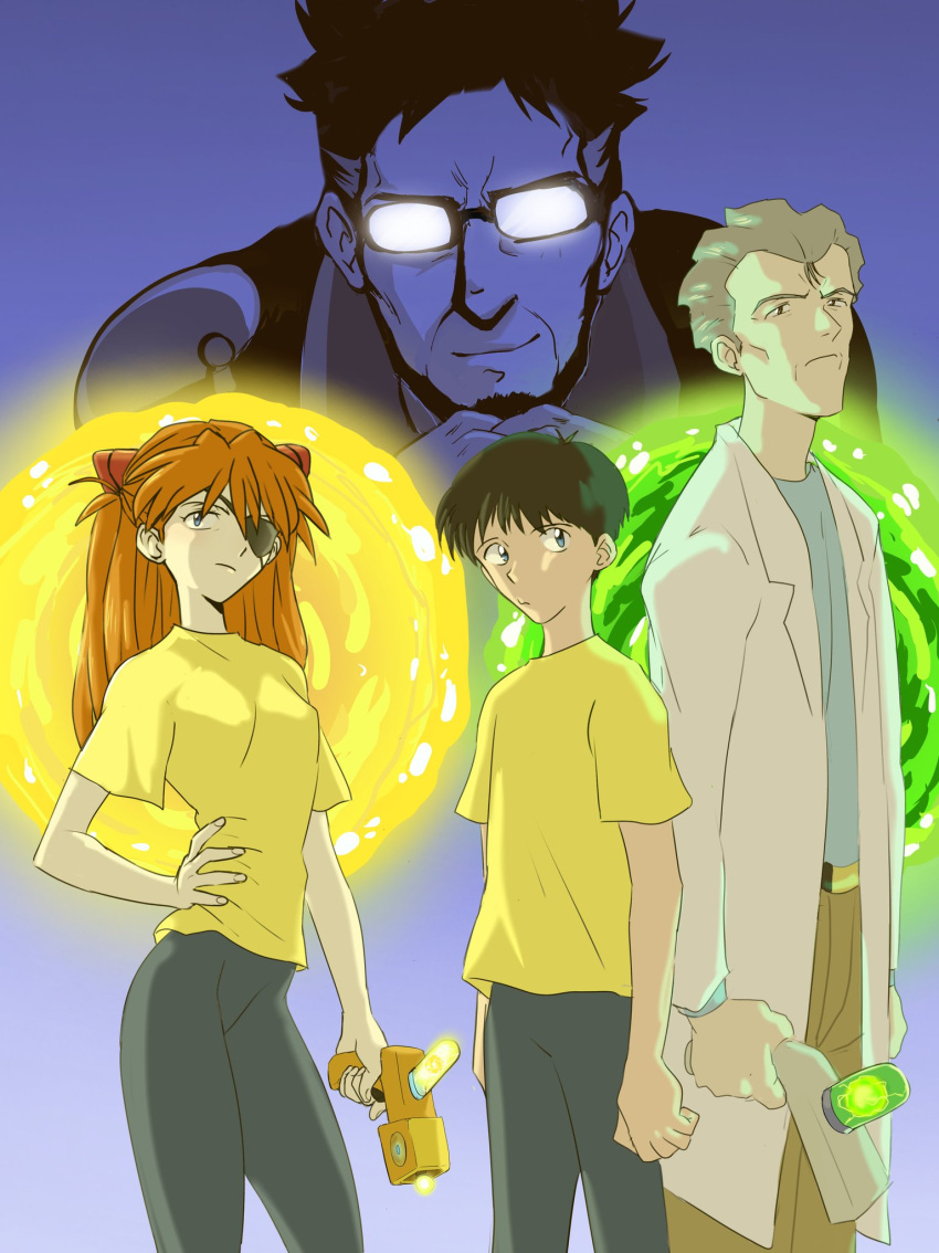 1girl, 3boys, amondetauro, belt, cosplay, evil_morty, evil_morty_(cosplay), eyepatch