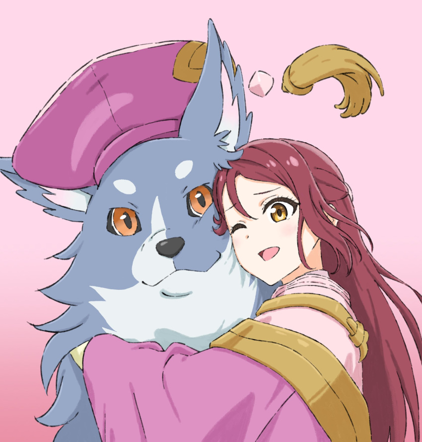1girl, brown_eyes, dog, genjitsu_no_yohane, go6jovoahdc8h7k, hat, highres, hug