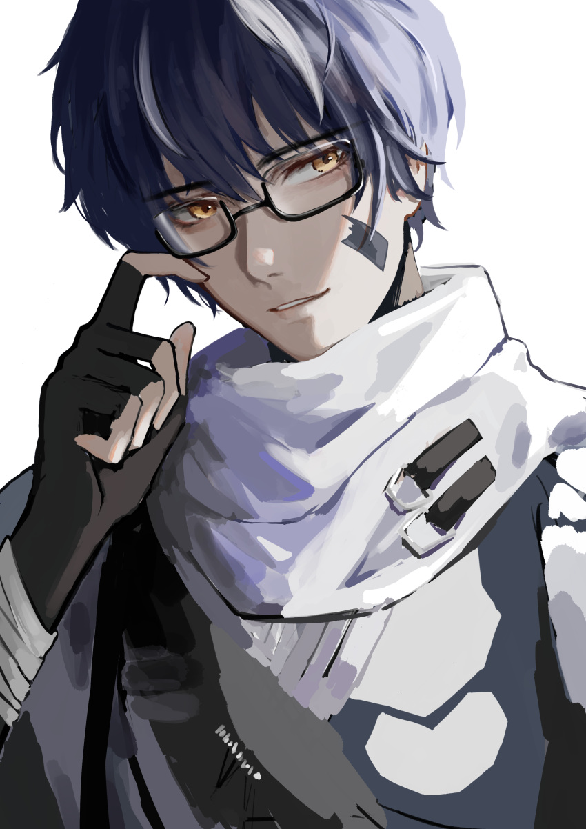 1boy, absurdres, adjusting_eyewear, bandaged_arm, bandages, bandaid, bandaid_on_face, bandolier