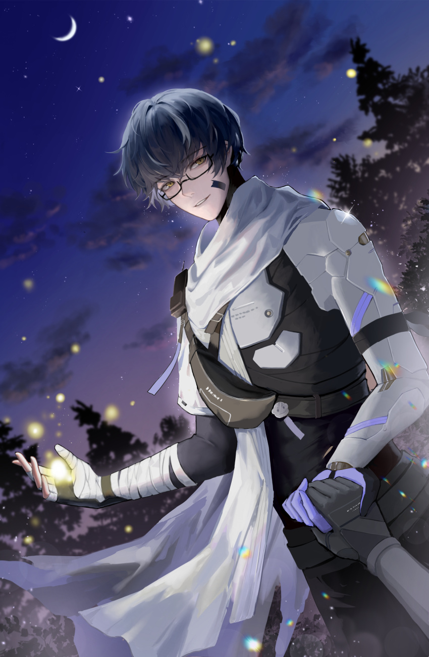 1boy, 1other, absurdres, ambiguous_gender, arm_strap, armor, bandaged_arm, bandaged_fingers