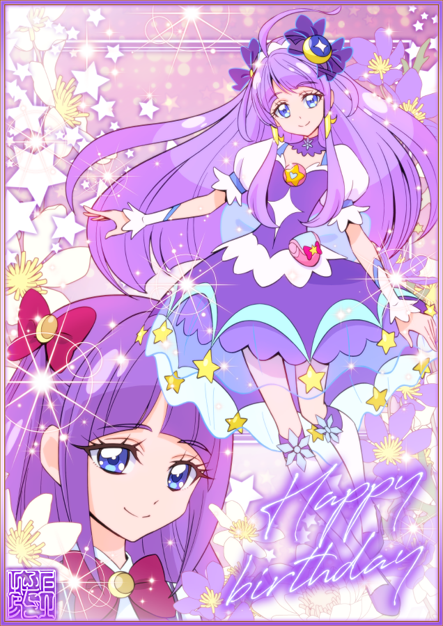 2girls, artist_logo, blue_eyes, choker, crescent, crescent_earrings, cure_selene, dress