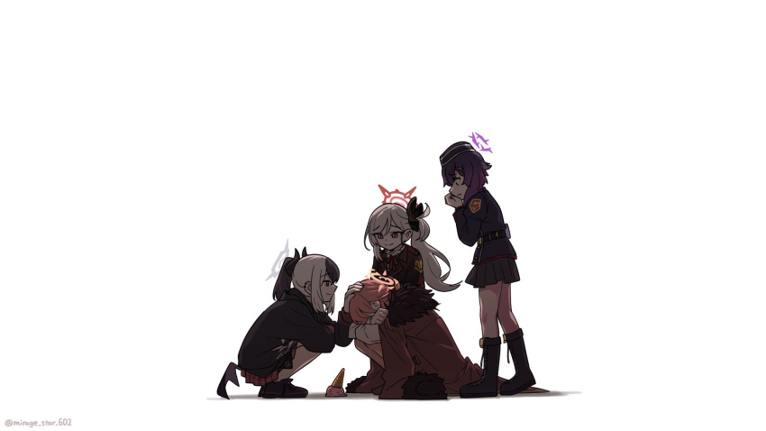 4girls, aru_(blue_archive), black_hair, black_horns, blue_archive, crying, demon_horns, ear_piercing, food, hair_ornament, halo, haruka_(blue_archive), headpat, highres, hood, hoodie, horns, ice_cream, ice_cream_cone, ice_cream_cone_spill, kayoko_(blue_archive), long_hair, low_wings, mirage_star_602, multicolored_hair, multiple_girls, mutsuki_(blue_archive), piercing, pink_hair, problem_solver_68_(blue_archive), purple_hair, sad_smile, side_ponytail, single_wing, smile, two-tone_hair, white_background, white_hair, wings