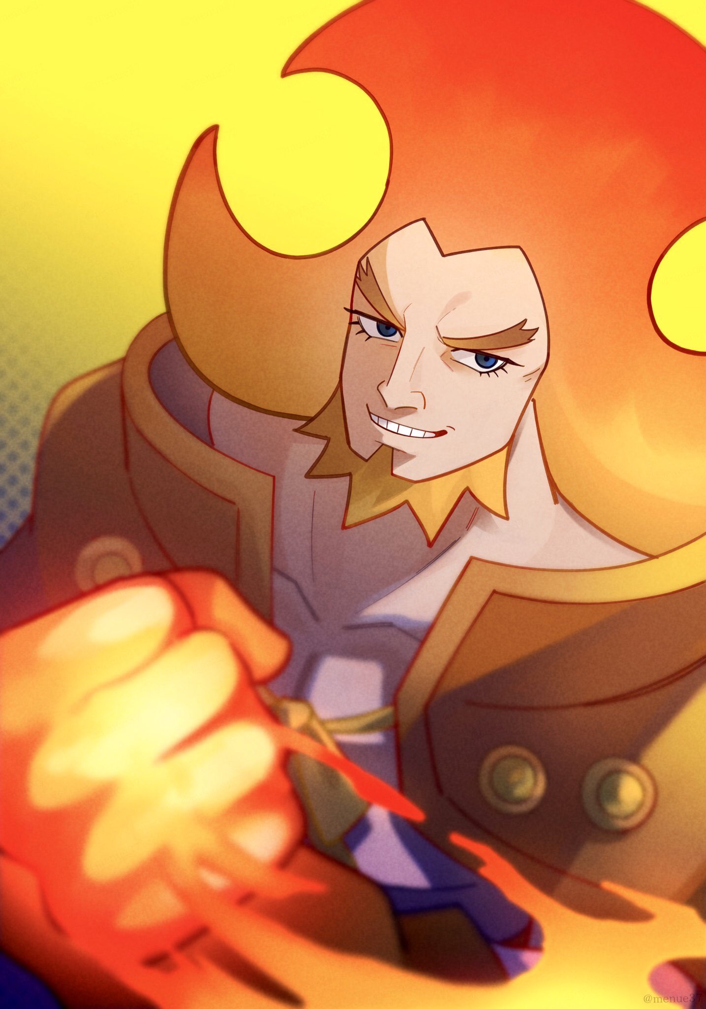 1boy, bare_pectorals, beard, blue_eyes, cape, charlotte_oven, facial_hair, forked_eyebrows