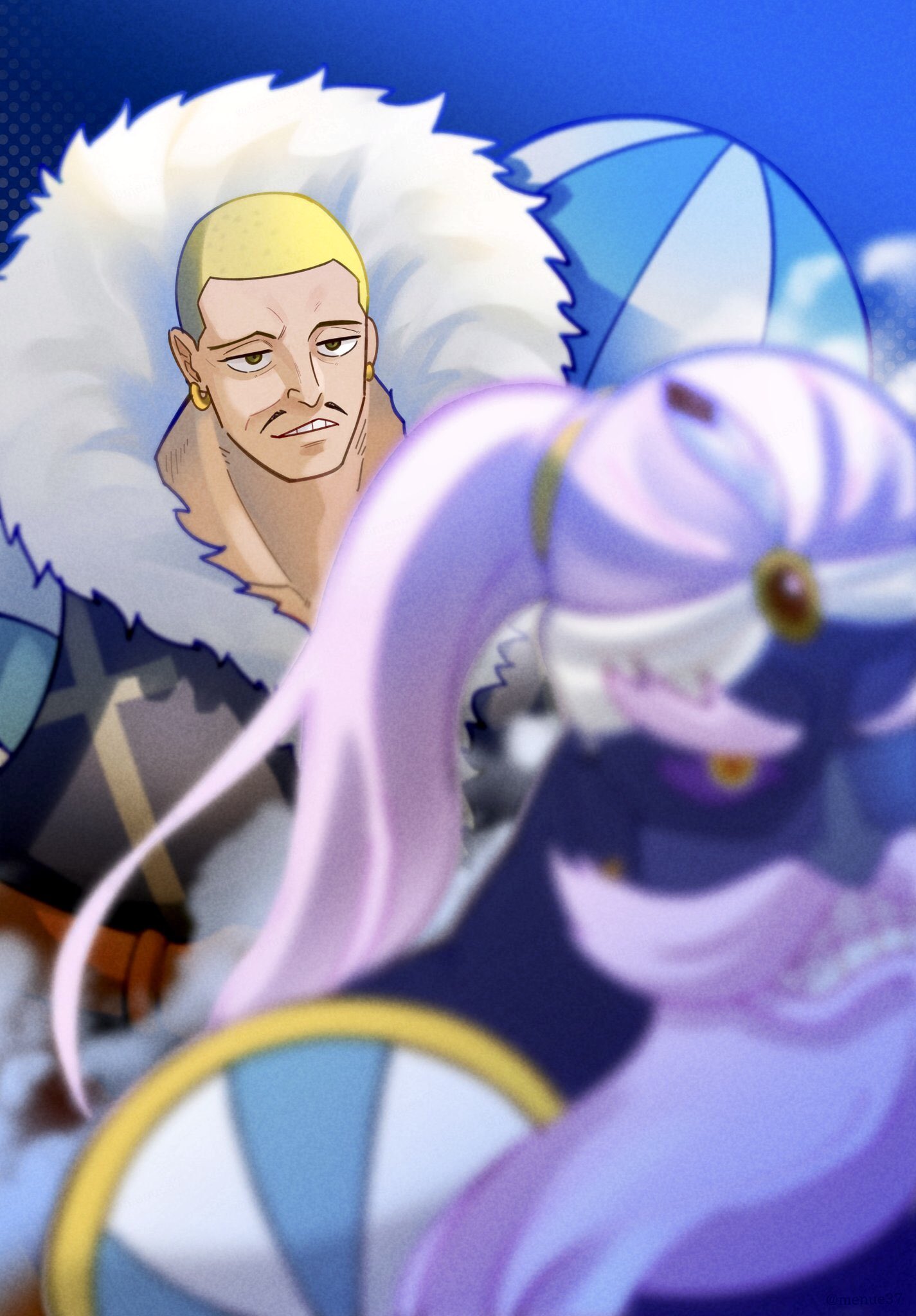 1boy, blonde_hair, blue_background, buzz_cut, charlotte_daifuku, earrings, facial_hair, fur_collar