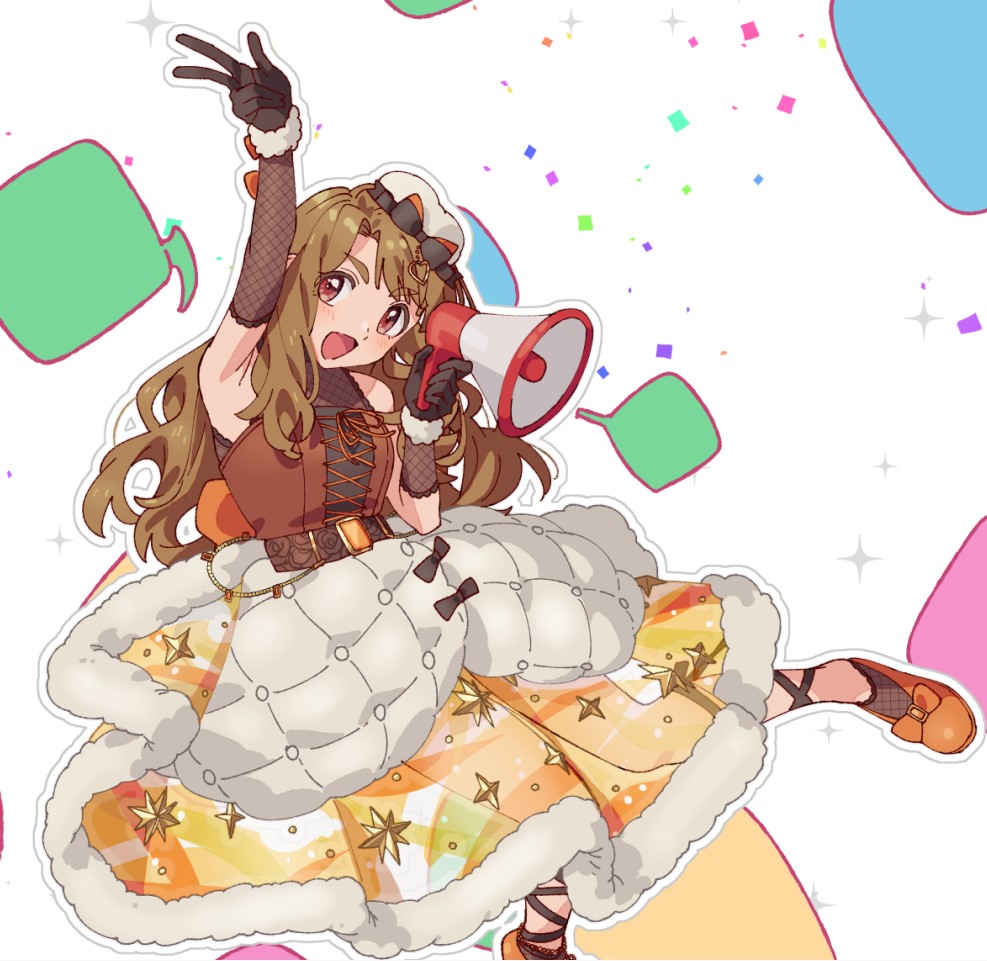 1girl, arm_up, armpits, asymmetrical_sleeves, bare_shoulders, belt, black_belt, black_gloves, blush, breasts, brown_eyes, brown_hair, brown_shirt, confetti, detached_sleeves, dot_nose, fishnet_sleeves, fur-trimmed_gloves, fur-trimmed_skirt, fur_trim, gloves, hand_up, hat, holding, holding_megaphone, hoyaza1561, idolmaster, idolmaster_million_live!, idolmaster_million_live!_theater_days, idolmaster_poplinks, long_hair, looking_at_viewer, medium_breasts, megaphone, miyao_miya, multicolored_background, open_mouth, orange_footwear, shirt, shoes, skirt, smile, solo, sparkle, thick_eyebrows, uneven_sleeves, w, white_headwear, yellow_skirt